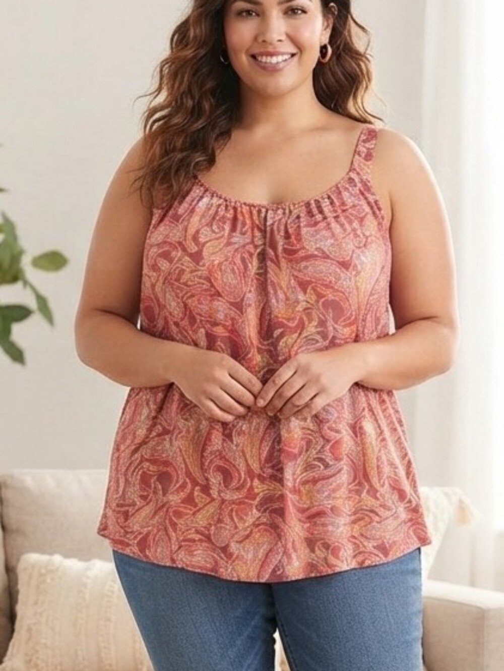 Lane Bryant NWOT 20 Long Paisley Print Blouse in Red and Cream